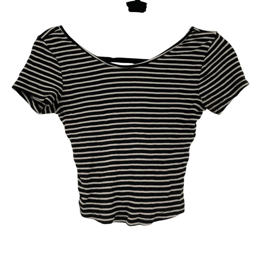 Brandy Melville Black Striped Short Sleeve Crop Top Blouse Tee Womens OS Stretch